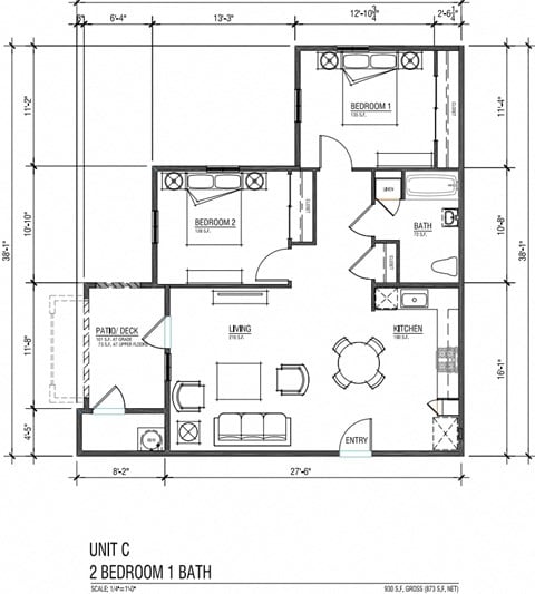 Floor plan for 2 beds, 1 bath, 930 sqft